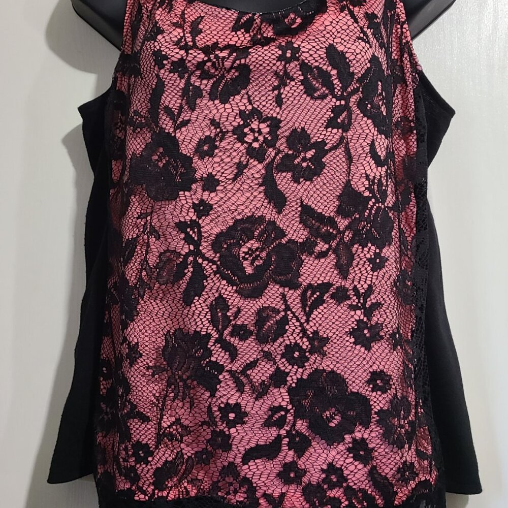Worthington Womens Tank Top Pink Black Floral Lace Pullover Large